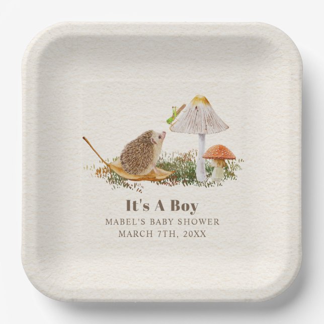 Hedgehog Grasshopper Mushroom Woodland Baby Shower Paper Plate (Front)
