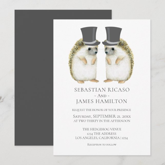 Hedgehog Grooms Gay Cute Wedding Personalised Invitation (Front/Back)