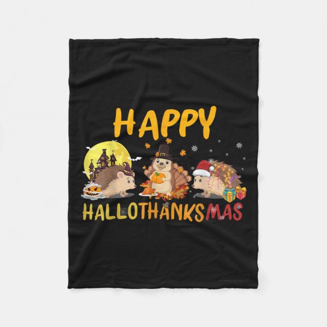 Hedgehog Happy Fall Autumn Christmas Halloween Tha Fleece Blanket (Front)