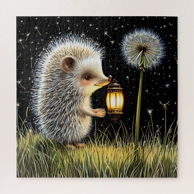 Hedgehog Holding Lantern Next to Dandelion Jigsaw Puzzle (Vertical)
