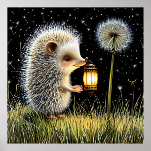 Hedgehog Holding Lantern Next to Dandelion Poster