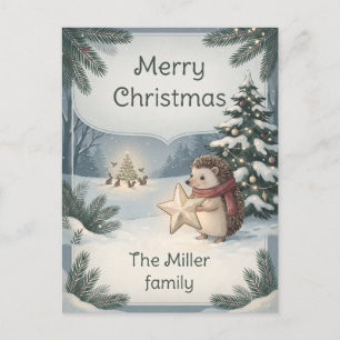 Hedgehog Holding Star Woodland Christmas Holiday Postcard