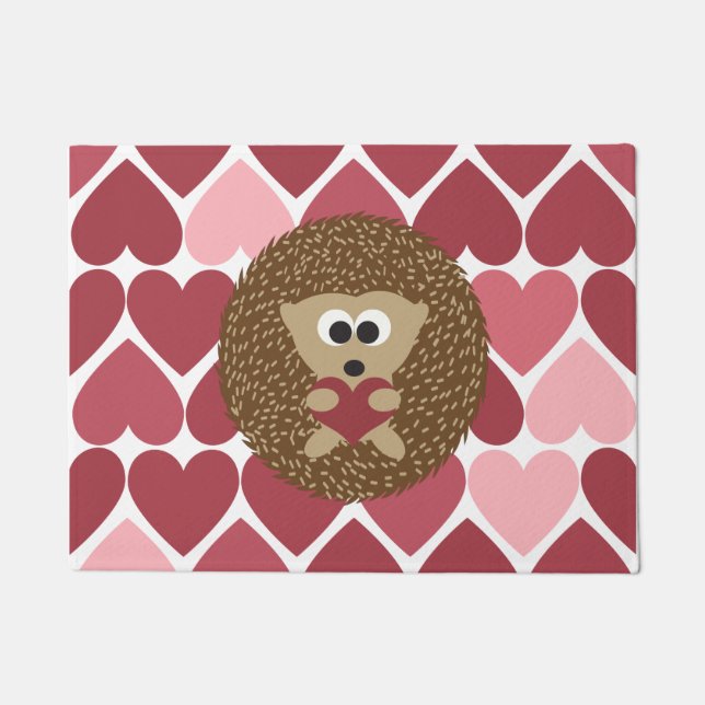 Hedgehog Hugging a Heart with a Heart  background Doormat (Front)