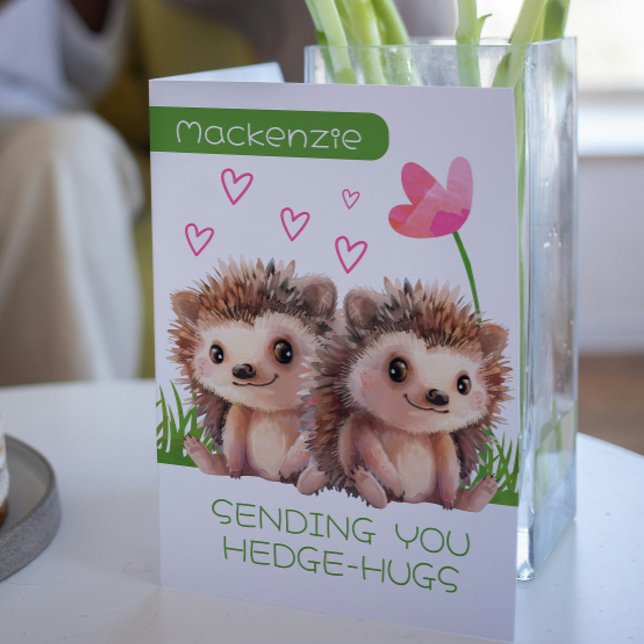 Hedgehog Hugs personalised Valentines Holiday Card (Hedgehog Hugs personalized Valentines Holiday Card by Ricaso. Cute hedgehogs, love hearts and flower)