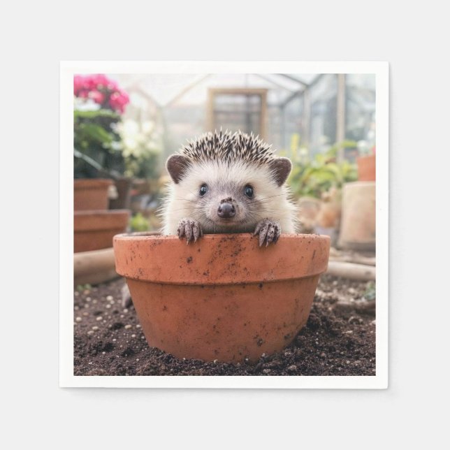 Hedgehog in a Clay Flower Pot Napkin (Front)