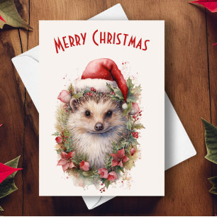 Hedgehog in a Santa Hat Red Poinsettia Christmas Card