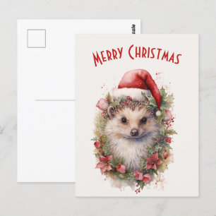 Hedgehog in a Santa Hat Red Poinsettia Christmas Postcard