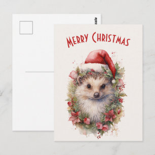 Hedgehog in a Santa Hat Red Poinsettia Christmas Postcard