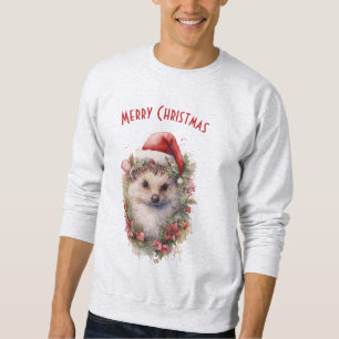Hedgehog in a Santa Hat Red Poinsettia Christmas Sweatshirt