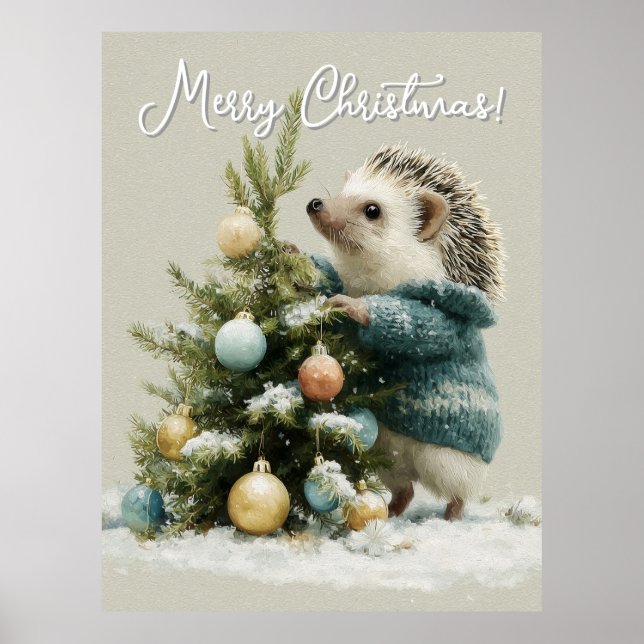 Hedgehog in a Sweater Decorating a Christmas Tree Poster (Front)