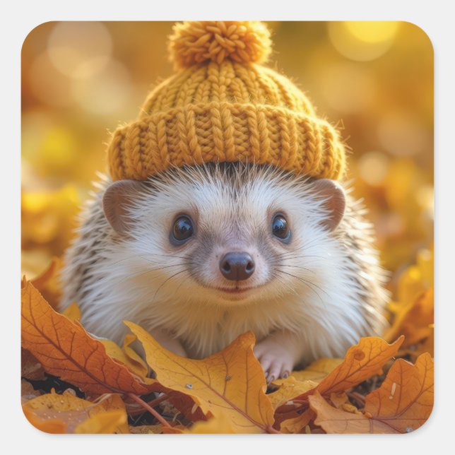 Hedgehog In Autumn Leaves Square Sticker (Front)