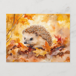 Hedgehog in autumn leaves watercolor painting postcard