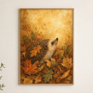Hedgehog in Autumn Leaves Watercolour Poster