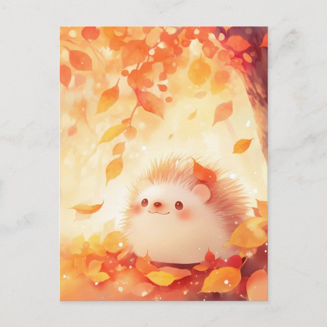 Hedgehog in Glowing Autumn Forest with Orange Leaf Postcard (Front)
