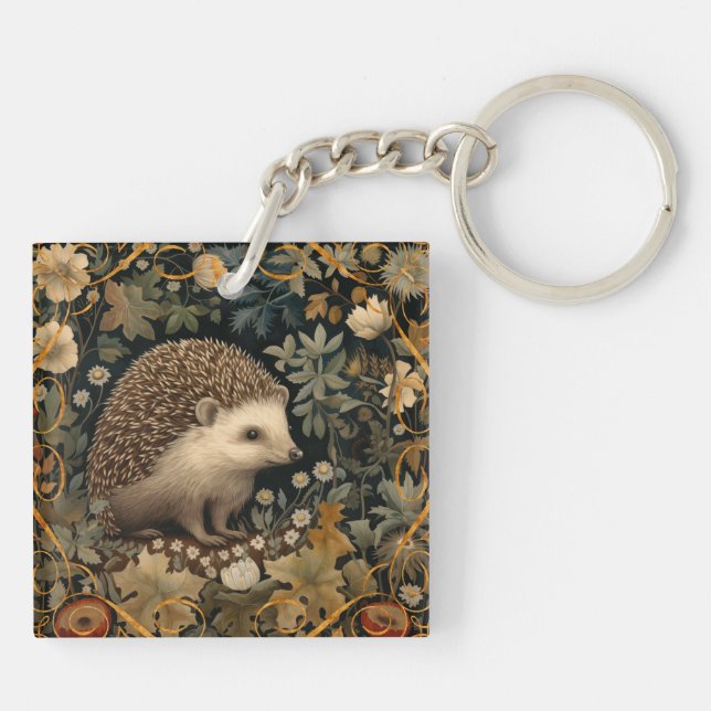 Hedgehog in the Forest William Morris style Key Ring (Back)
