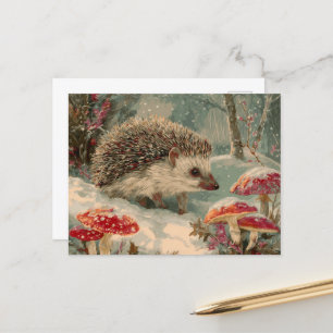 Hedgehog in the winter forest postcard