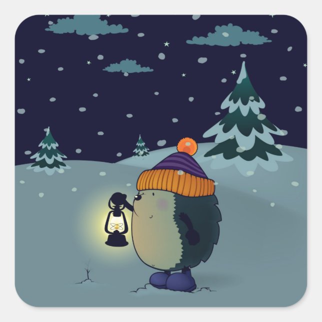 Hedgehog Jan in the winter night Square Sticker (Front)