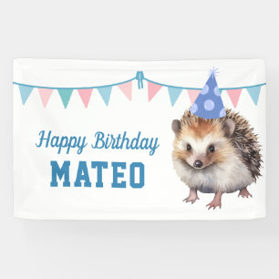 Hedgehog kids blue birthday party banner