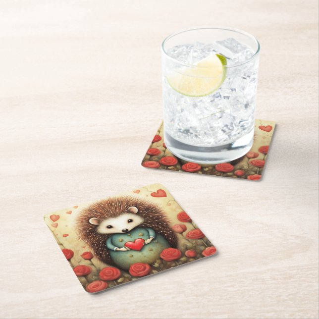 Hedgehog Love 2 Square Paper Coaster (Insitu)