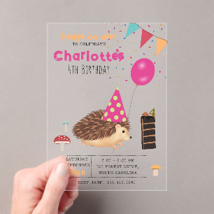 Hedgehog Mushroom Woodland Forest Balloon Birthday Acrylic Invitations