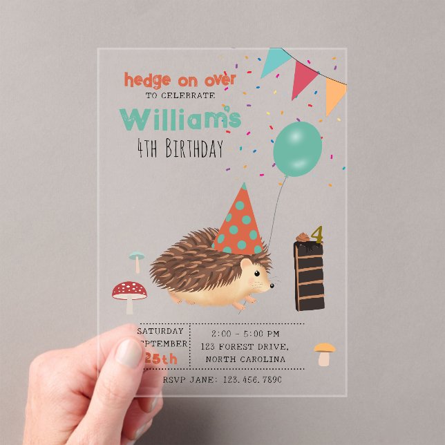 Hedgehog Mushroom Woodland Forest Balloon Birthday Acrylic Invitations (Insitu (Handheld))