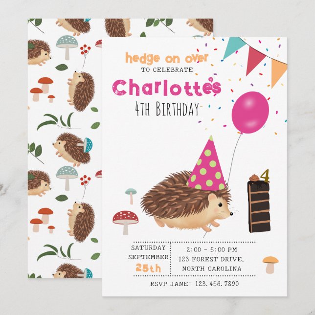 Hedgehog Mushroom Woodland Forest Balloon Birthday Invitation (Front/Back)