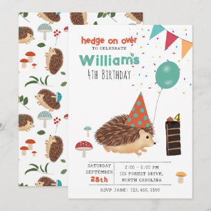 Hedgehog Mushroom Woodland Forest Balloon Birthday Invitation