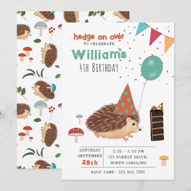 Hedgehog Mushroom Woodland Forest Balloon Birthday Invitation (Front/Back)