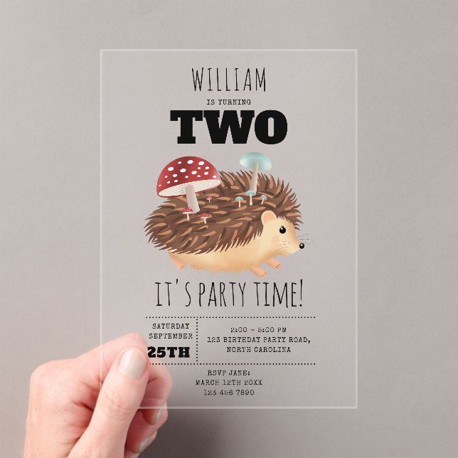 Hedgehog Mushroom Woodland Forest Funny Birthday Acrylic Invitations (Insitu (Handheld))