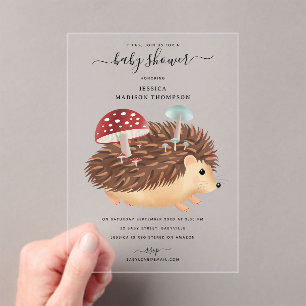 Hedgehog Mushroom Woodland Funny Baby Shower Acrylic Invitations