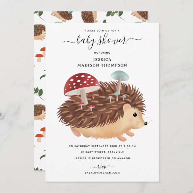 Hedgehog Mushroom Woodland Funny Baby Shower Invitation (Front/Back)