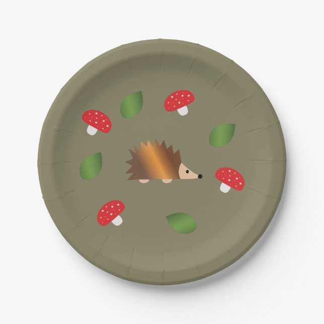 Hedgehog Mushrooms and Leaves Paper Plate (Front)