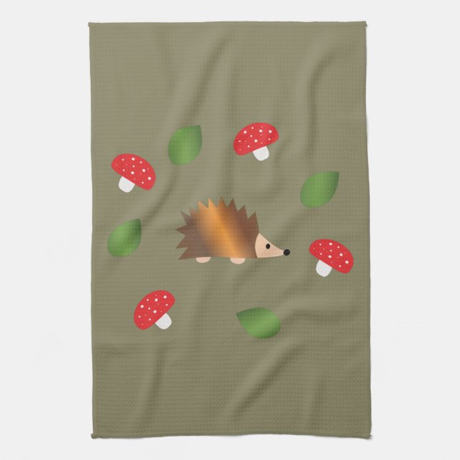 Hedgehog Mushrooms and Leaves Tea Towel (Vertical)