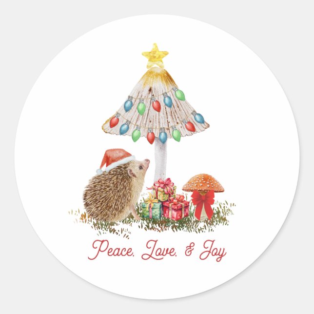 Hedgehog Mushrooms Woodland Christmas Classic Round Sticker (Front)