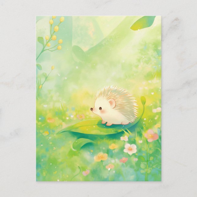 Hedgehog on Green Leaf in Spring Meadow Postcard (Front)