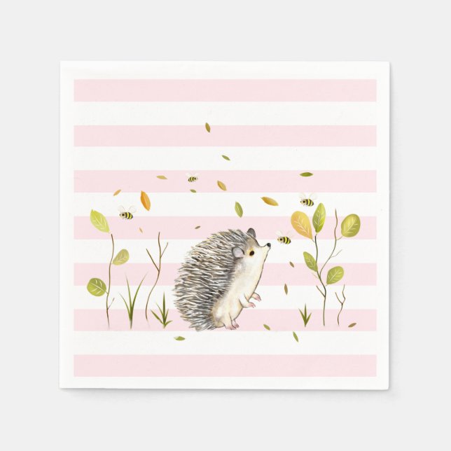 Hedgehog Party Decor Paper Napkins Pink Striped (Front)