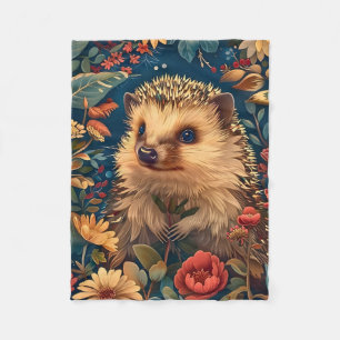 Hedgehog Pattern Vintage Forest Floral Garden Fleece Blanket