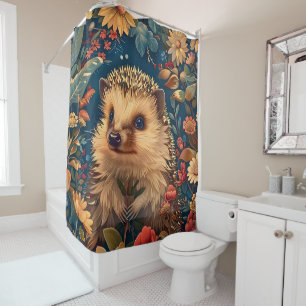 Hedgehog Pattern Vintage Forest Floral Garden Shower Curtain