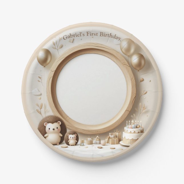 Hedgehog Photo Frame for Kids' Birthday Parties Paper Plate (Front)