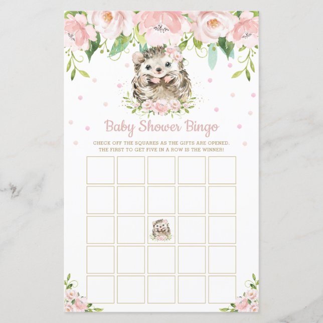 Hedgehog Pink Floral Baby Shower Bingo Game (Front)