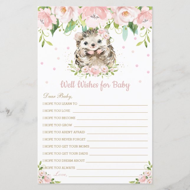 Hedgehog Pink Floral Well Wishes for Baby Card (Front)