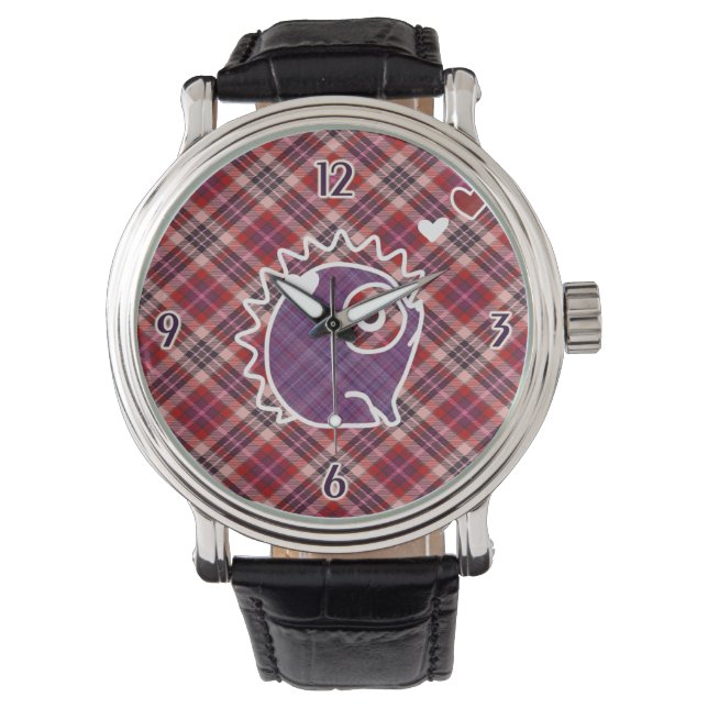 Hedgehog Plaid Purple Leather Watch (Front)