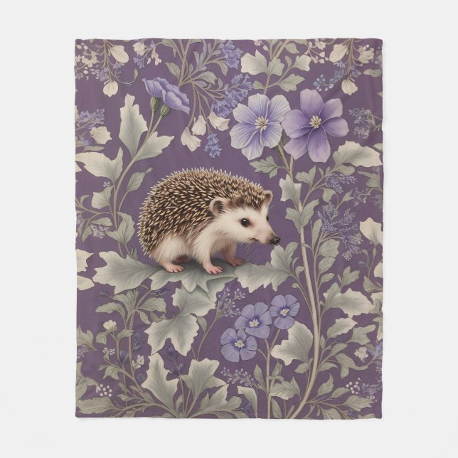 Hedgehog Purple William Morris Inspired Floral Fleece Blanket (Front)