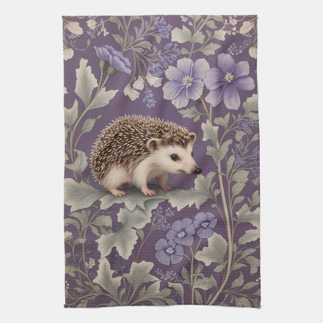 Hedgehog Purple William Morris Inspired Floral Tea Towel (Vertical)
