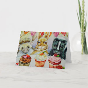 Hedgehog Rabbit Skunk & Cupcakes Watercolor Art Card