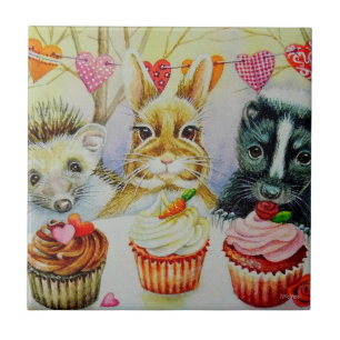Hedgehog Rabbit Skunk & Cupcakes Watercolor Art Tile
