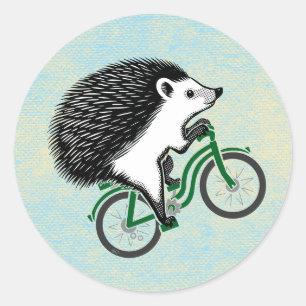 Hedgehog Riding a Bicycle on Blue Background Classic Round Sticker