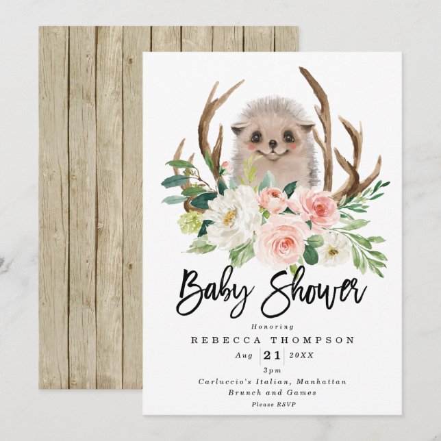 hedgehog rustic floral modern baby shower invitation (Front/Back)
