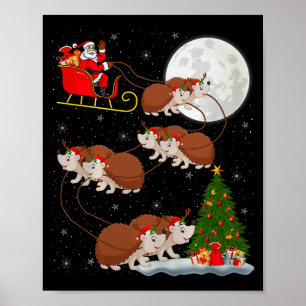 Hedgehog Santa Sleigh Flying Funny Magical Christm Poster