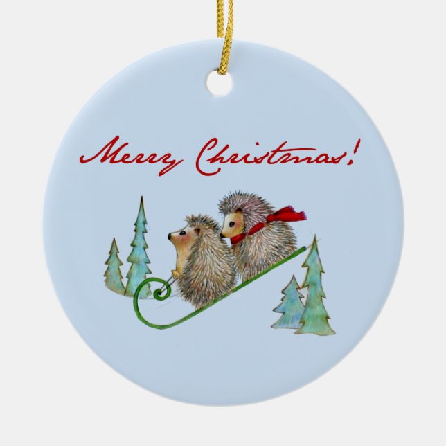 Hedgehog Sled Holiday Ornament (Front)